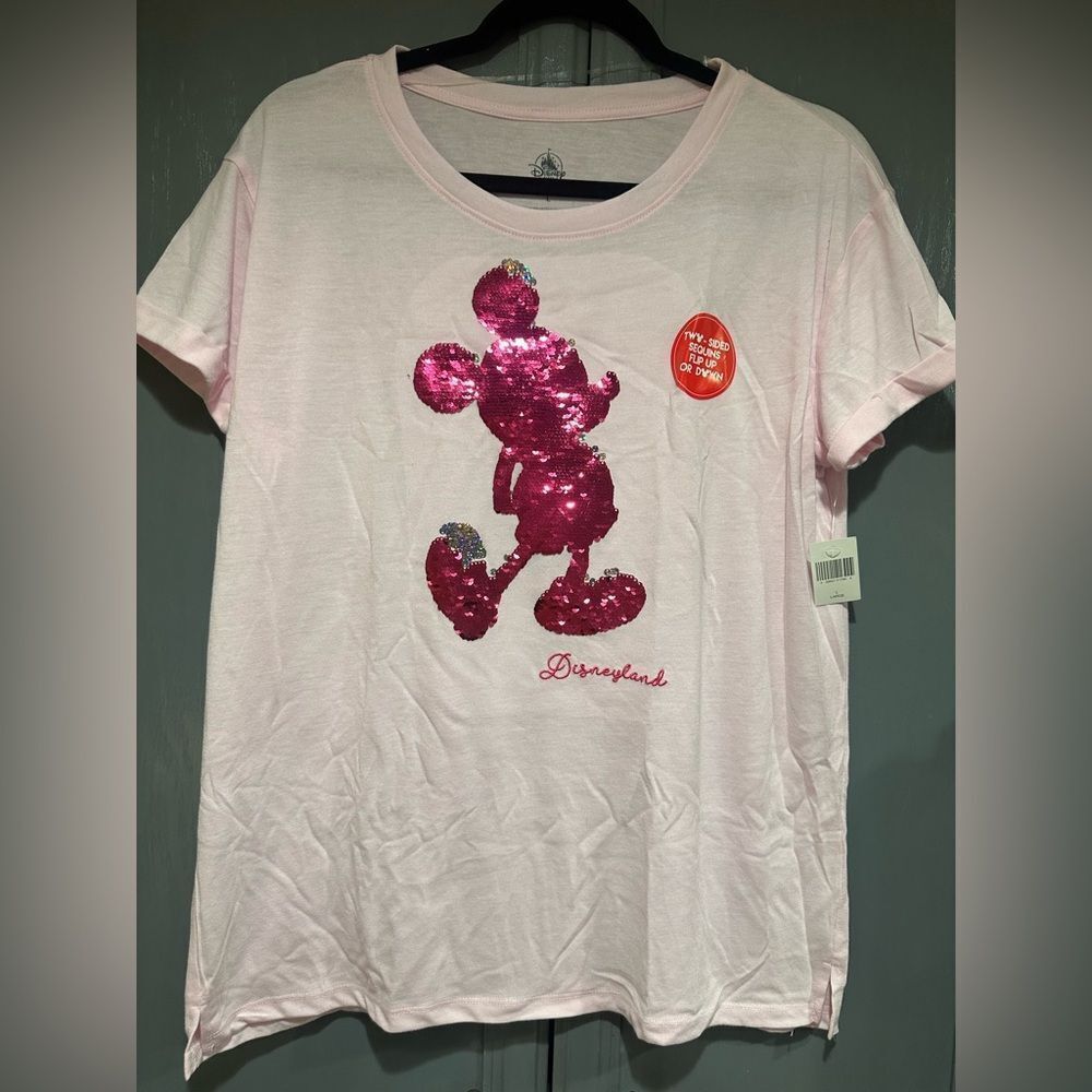 NWT Disney Parks Imagination Pink Sequined Disney Mickey Mouse Tee L